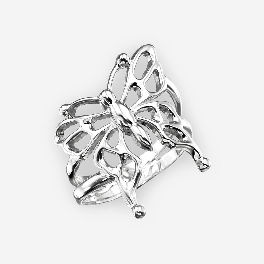 Sterling silver butterfly ring with openwork details with a high polished finish.