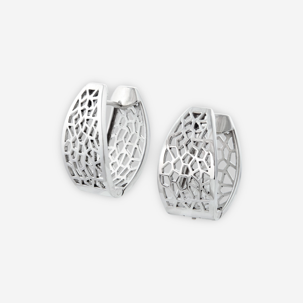 Contemporary Lace Huggie Earrings, made with Sterling Silver open-work texture.