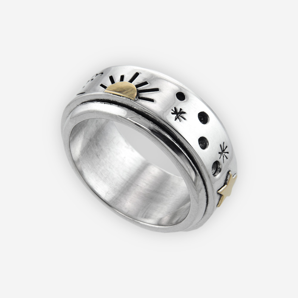 Sterling Silver Spinner Ring Engraved with Cosmic Patterns and 14k Gold Accents.