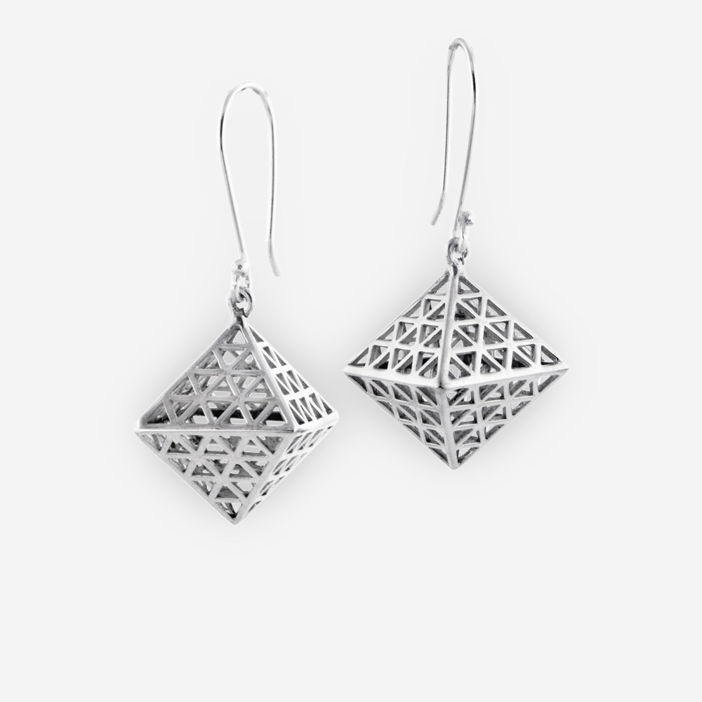 Filigree Octahedron Dangle Earrings Crafted in Sterling Silver with French Hook.