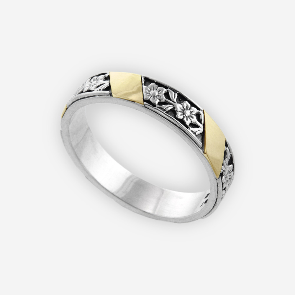 Band Ring Cast in Sterling Silver Carved with Floral Design and 14k Gold.
