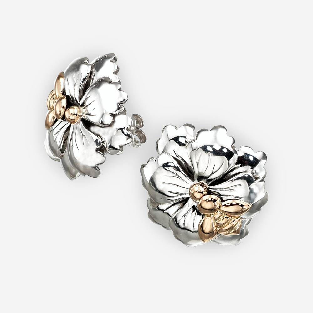 Sterling silver floral studs with 14k gold bee.