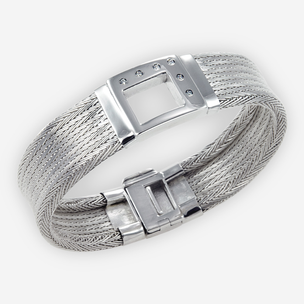 Handwoven Cuff Bracelet crafted in Sterling Silver Fabric with cubic zirconias