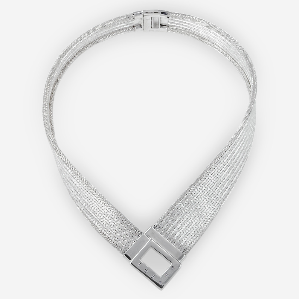 Handwoven Plunging Necklace crafted in Sterling Silver Fabric with cubic zirconias