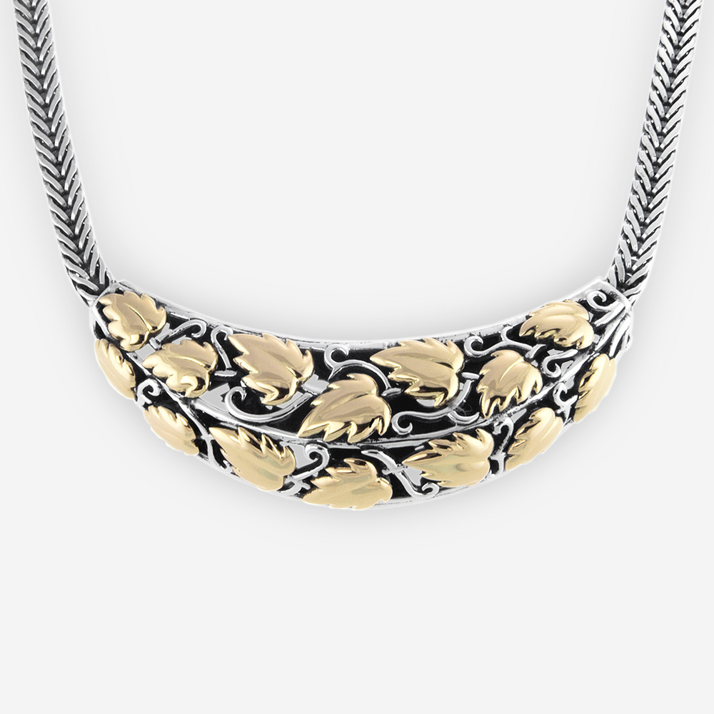 Sterling Silver Intricate Necklace with Grape Vine Leaf in 14k gold and Wide Foxtail Chain.