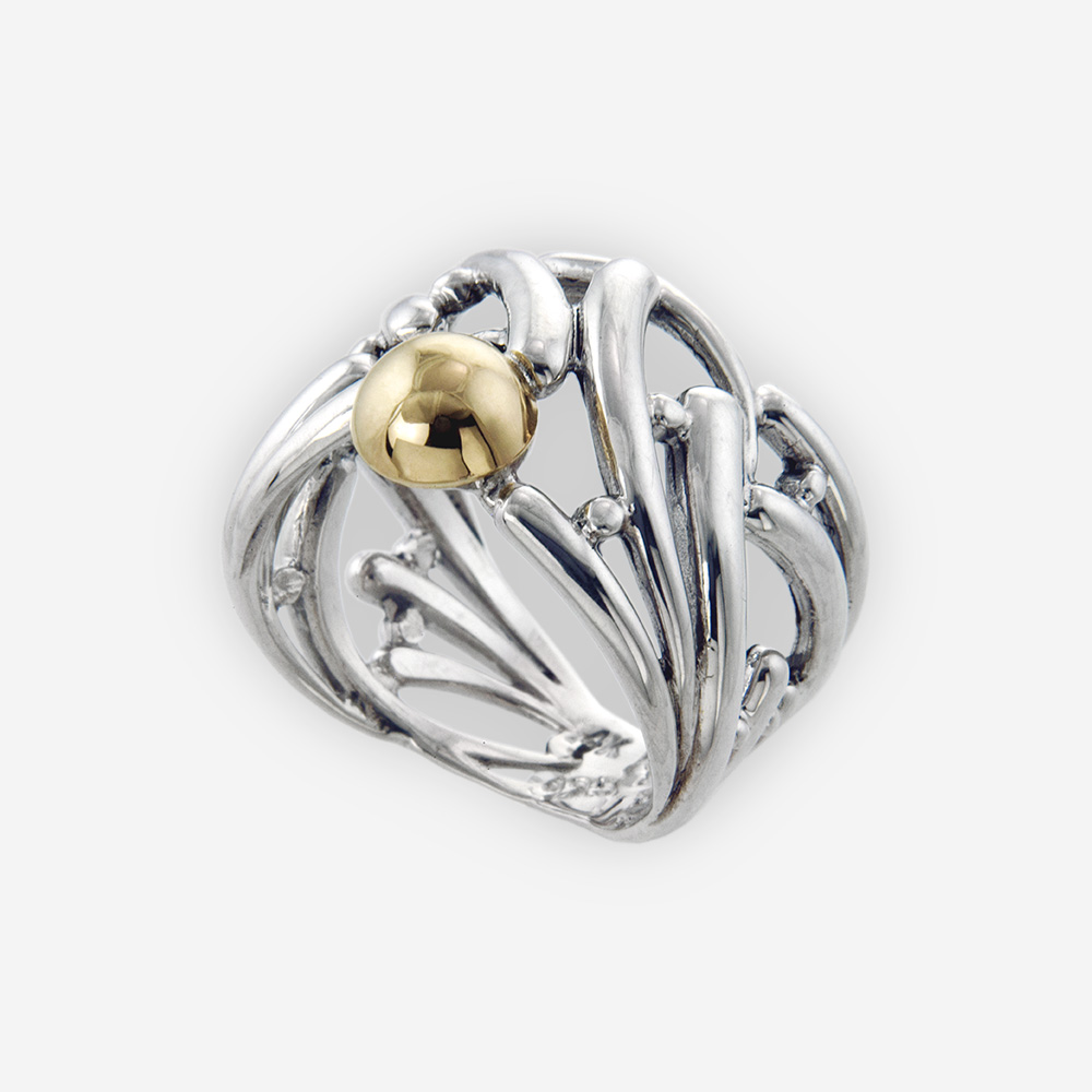 Intricate Ring Cast in Sterling Silver with 14k Gold Center.