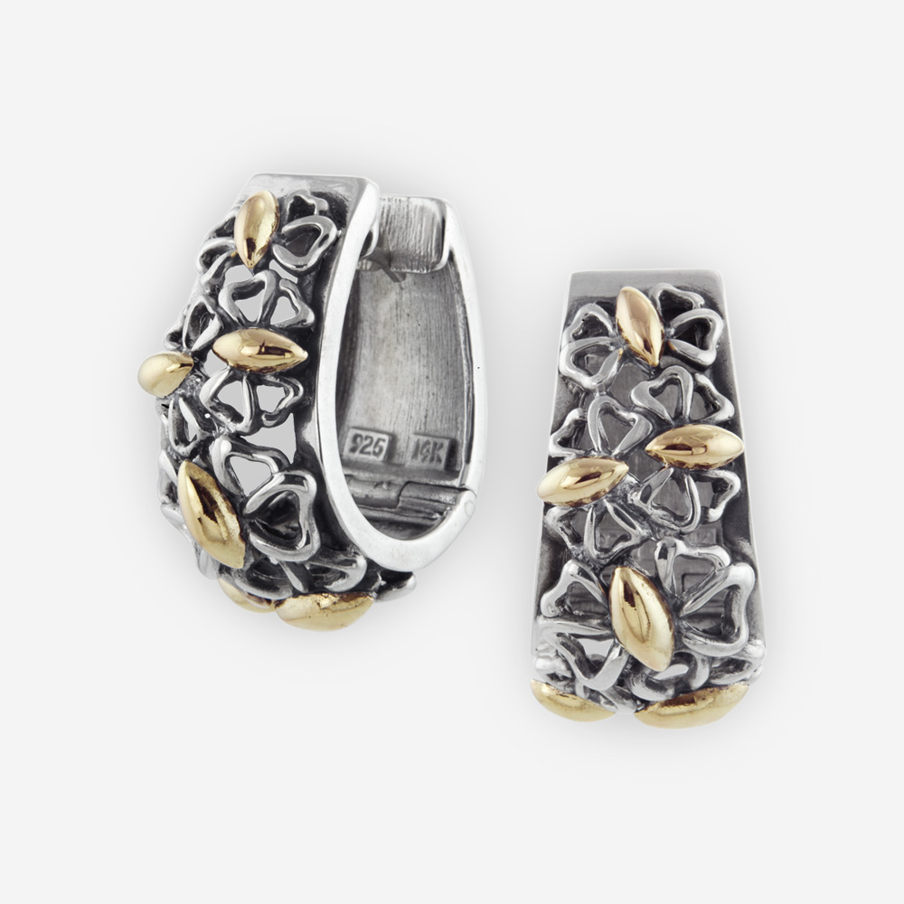 Intricate Huggie Hoop Earrings Casting in Sterling Silver with Butterflies in 14k gold.