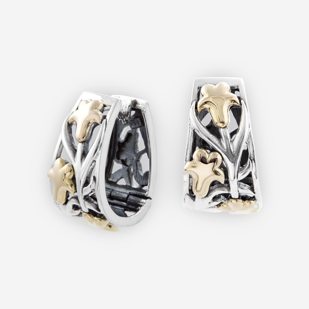 Sterling Silver Intricate Huggie Earrings with Grape Vine Leaves in 14k gold.