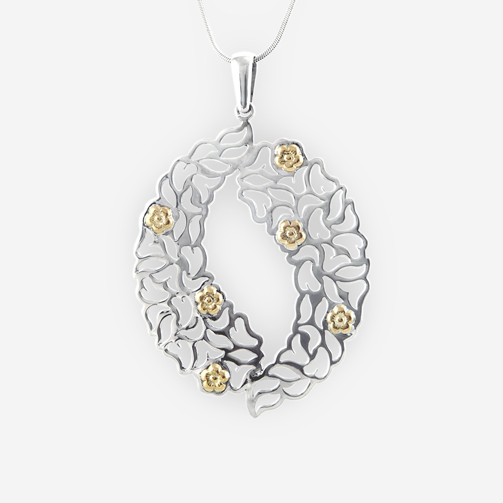 Lace Filigree Eternity Pendant Casting in Sterling Silver with 14k Gold Flowers.