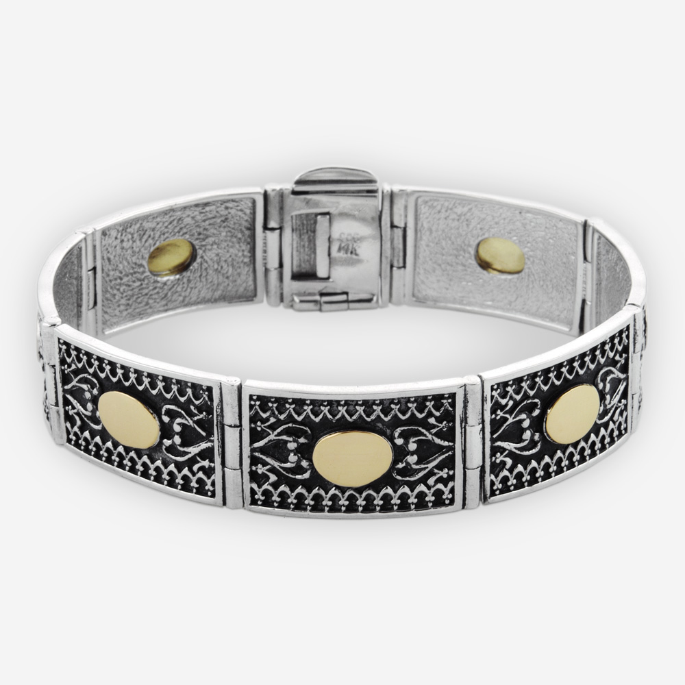 Sterling Silver Link Bracelet. Featuring Yemenite Carved Motifs and 14k Gold Accents.