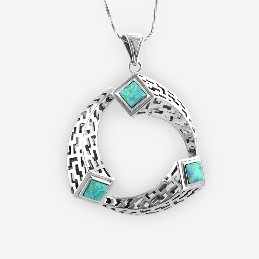Ouroboros Pendant Casting in Sterling Silver with Opals, Featuring an Intricate Lattice Openwork Greek Patterns, and a Teardrop Bail.
