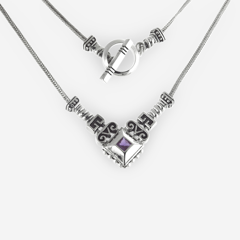 Large Bezel Set Amethyst with Princess Cut Necklace Casting in Sterling Silver with Scroll work Patterns and Toggle Clasp.