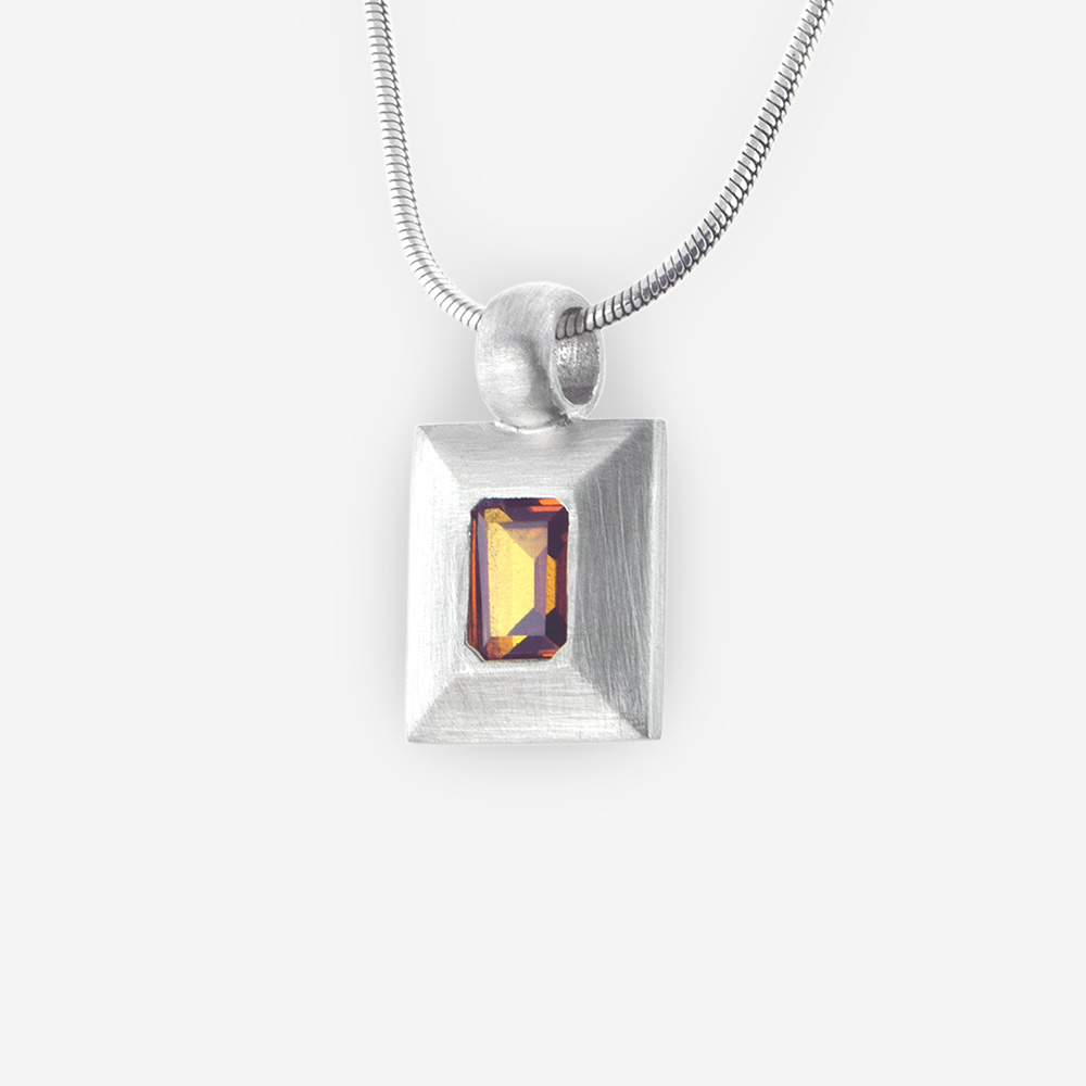 Large Bezel Set Faceted Cubic Zirconia Pendant with Rectangle Shape crafted in Sterling Silver