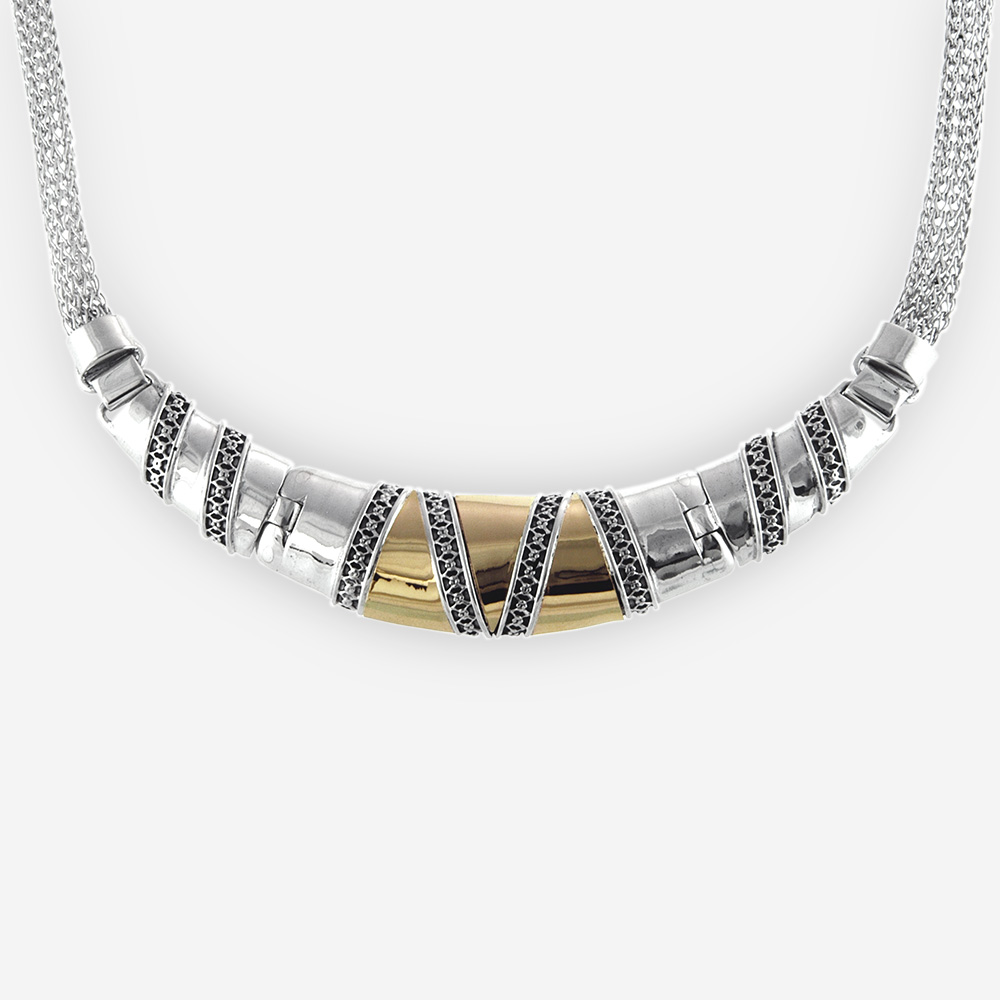 Gorgeous Necklace Casting in Oxidized Sterling Silver and 14k Gold. Carved with Tinny Geometric Shapes, Beautifully Connected all around the piece.