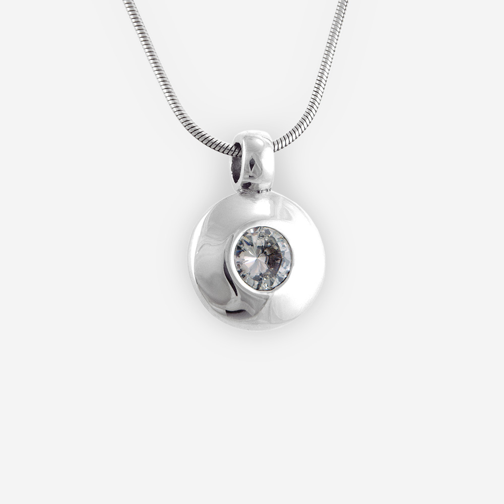 Large Bezel Set Faceted Cubic Zirconia Pendant with Round Shape crafted in Sterling Silver