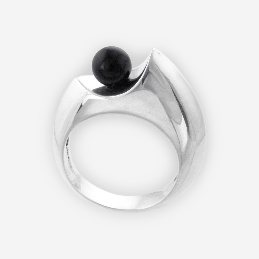 Sculptural Ring Cast in Sterling Silver with Black Onyx.