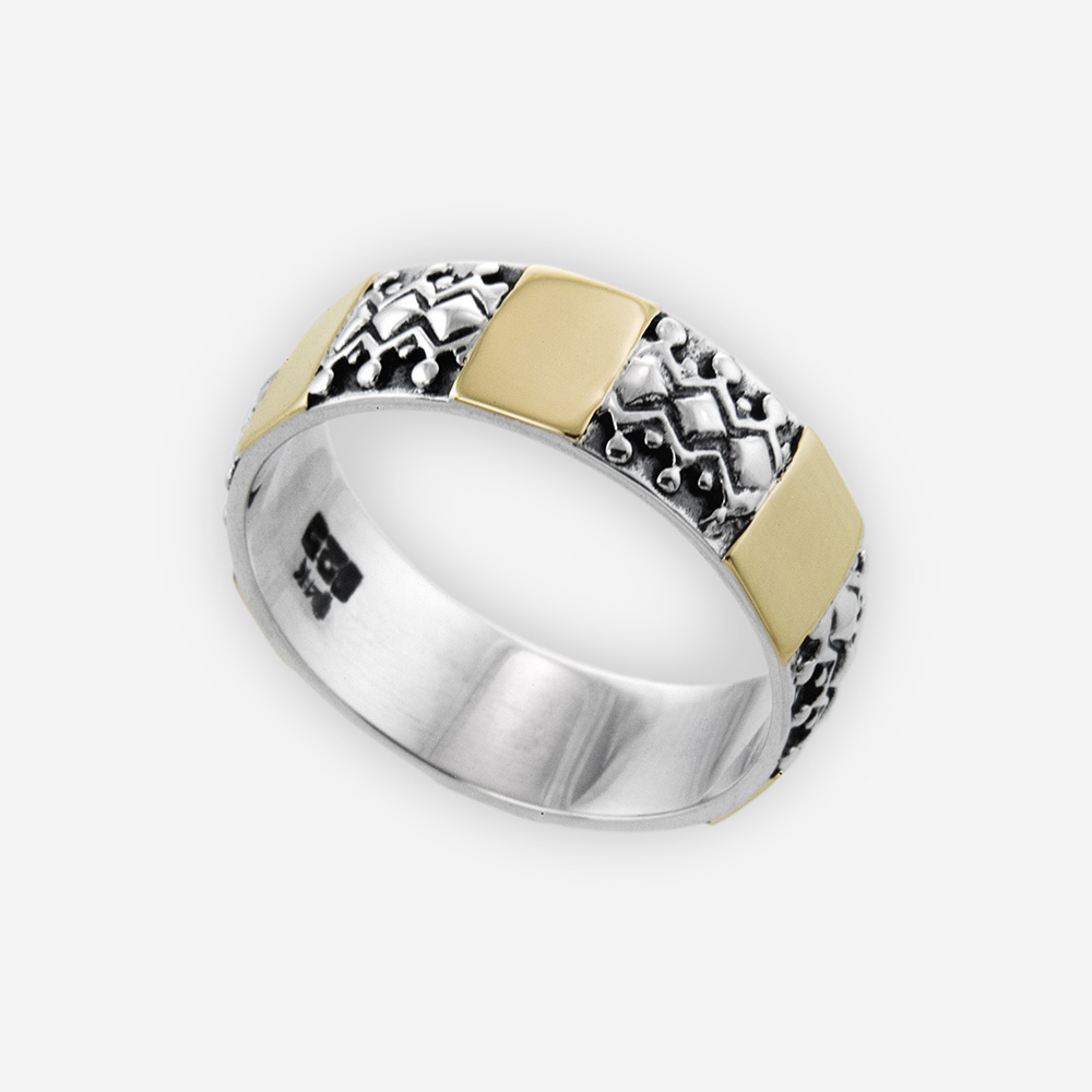 Band Ring Cast in Sterling Silver Carved with a Cutie Design of Toys in Geo Shapes and 14k Gold.