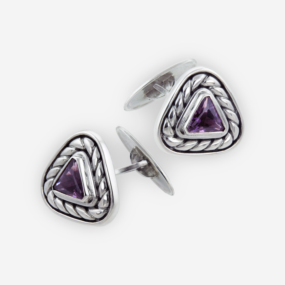 Sterling Silver Triangle Cable Cufflinks setting with Cubic Zirconia