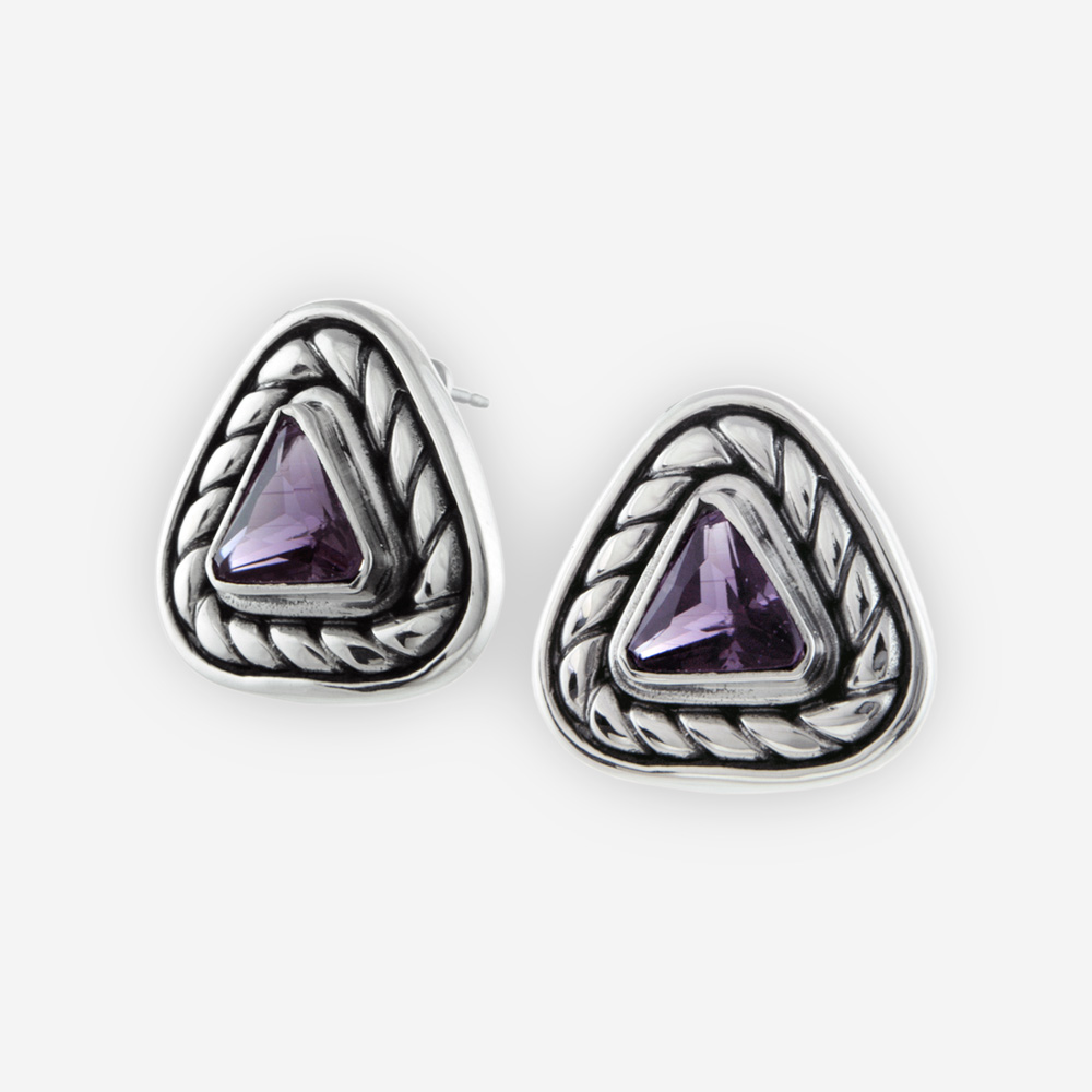 Sterling Silver Triangle Cable Earrings setting with Triangle Cut Cubic Zirconia