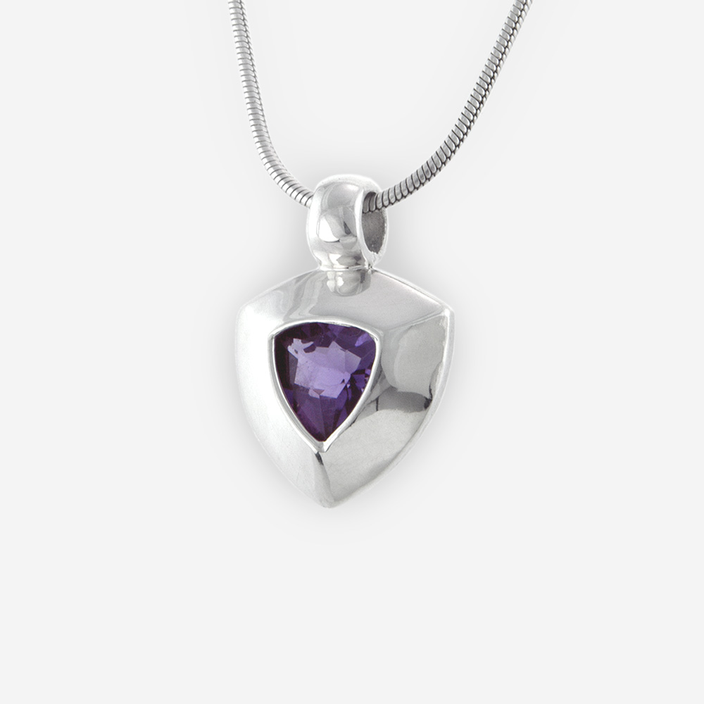 Large Bezel Set Faceted Cubic Zirconia with Triangle Shape Pendant crafted in Sterling Silver.