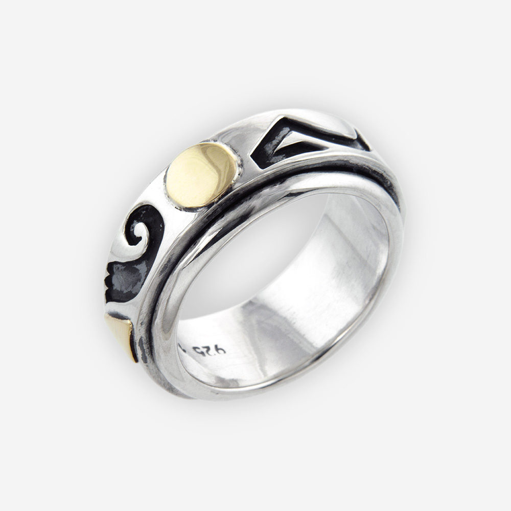 Sterling Silver Spinner Ring Engraved with Tribal Patterns and 14k Gold Accents.