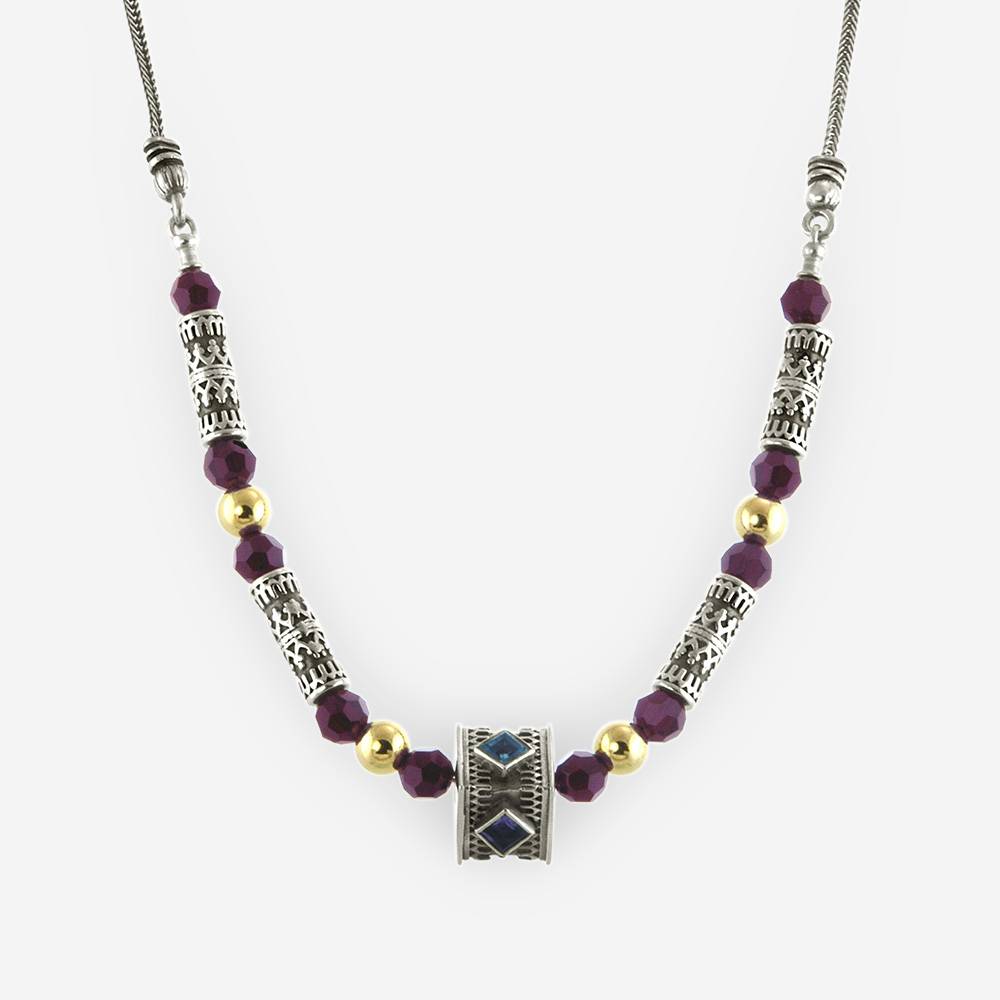 Ageless Necklace Casting in Sterling Silver with Yemenite Carved Motifs, Small Faceted Cubic Zirconias and Gold Filled Bits.