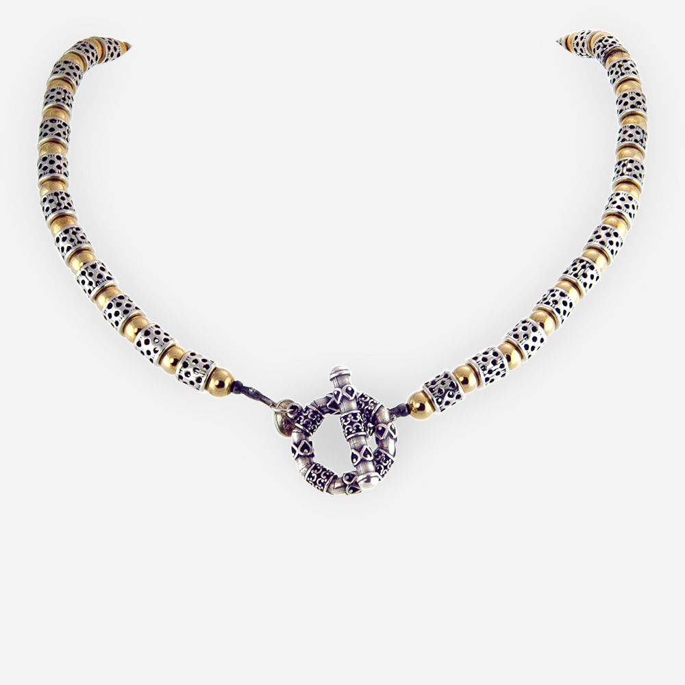 Smart Elegance Necklace Casting in Sterling Silver with Yemenite Carved Motifs and Gold Filled Bits .