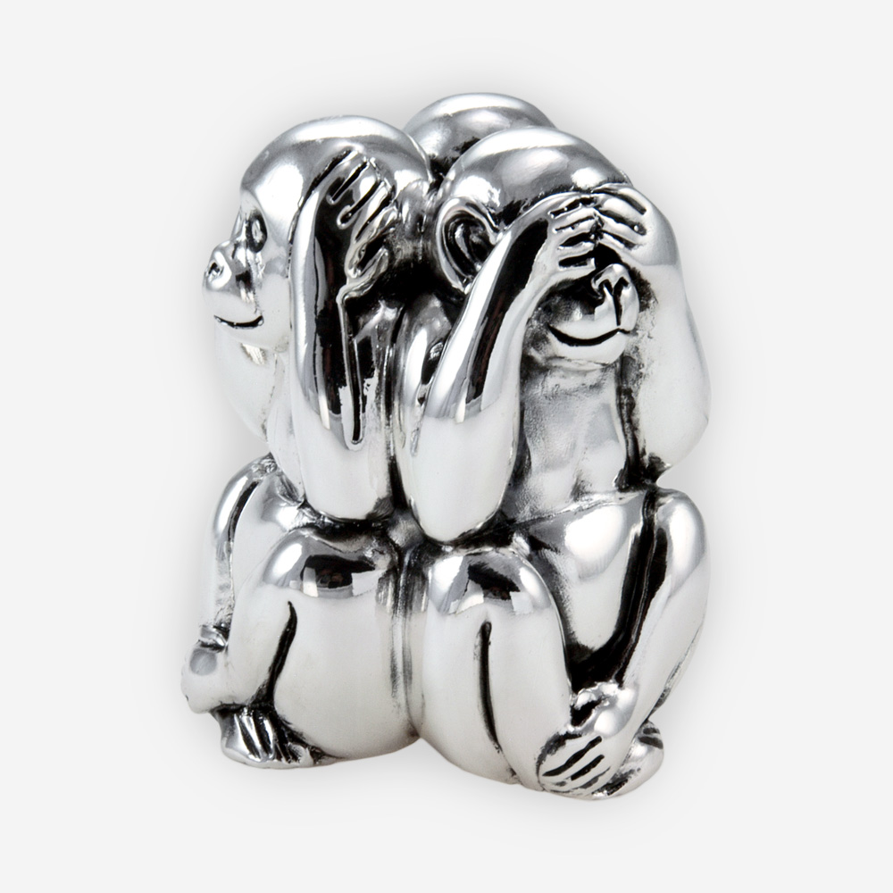 Three wise monkeys silver sculpture is crafted with electroforming techniques and dipped in sterling silver.