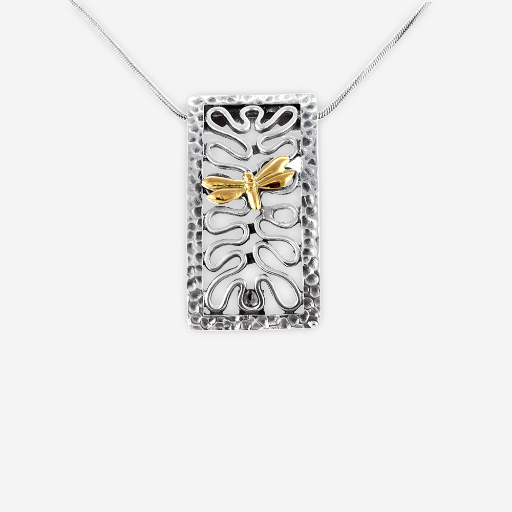 Two tone silver dragonfly necklace crafted from 925 sterling silver and 14k gold embossed dragonfly.