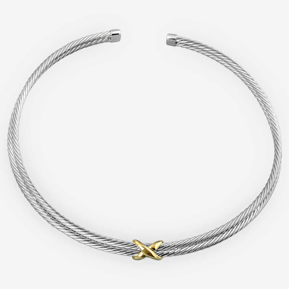 Two tone twisted cable silver choker sculpted from 925 sterling silver and 14k gold.
