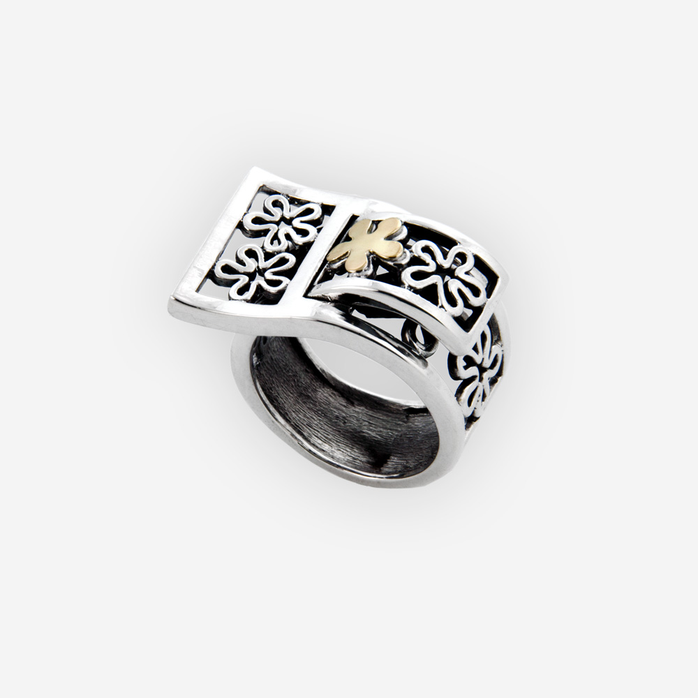 Unique silver floral ring is crafted in 925 sterling silvcer with 14k gold details.