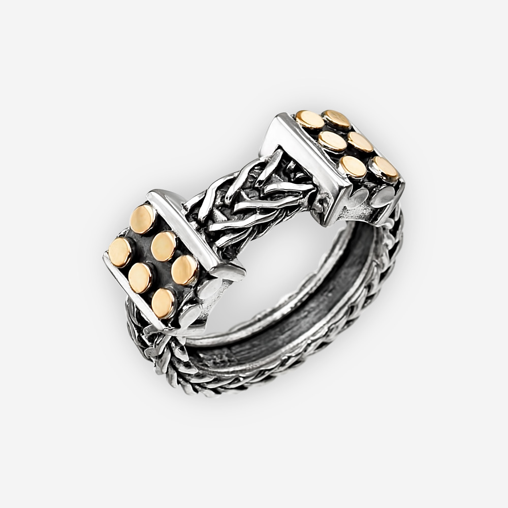 Unisex oxidized silver braided band crafted from 925 sterling silver with 14k gold dot accents.
