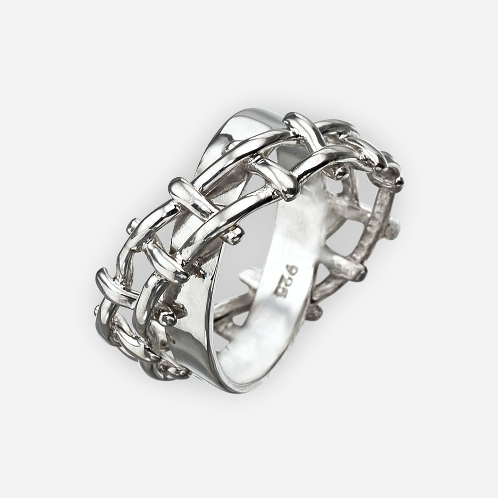 Unisex silver woven rope ring crafted in 925 sterling silver with a double crossed band.