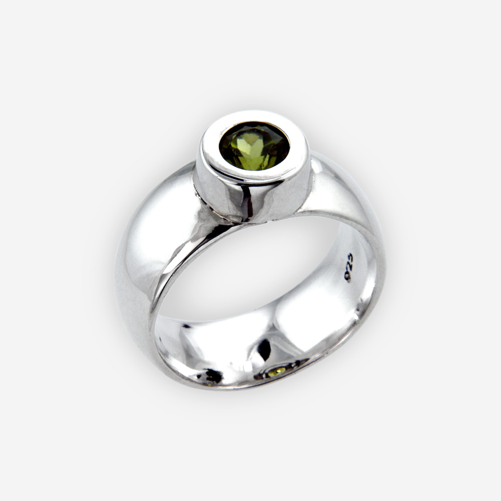 Wide band sterling silver gemstone ring is crafted from polished 925 sterling silver with a faceted gemstone.