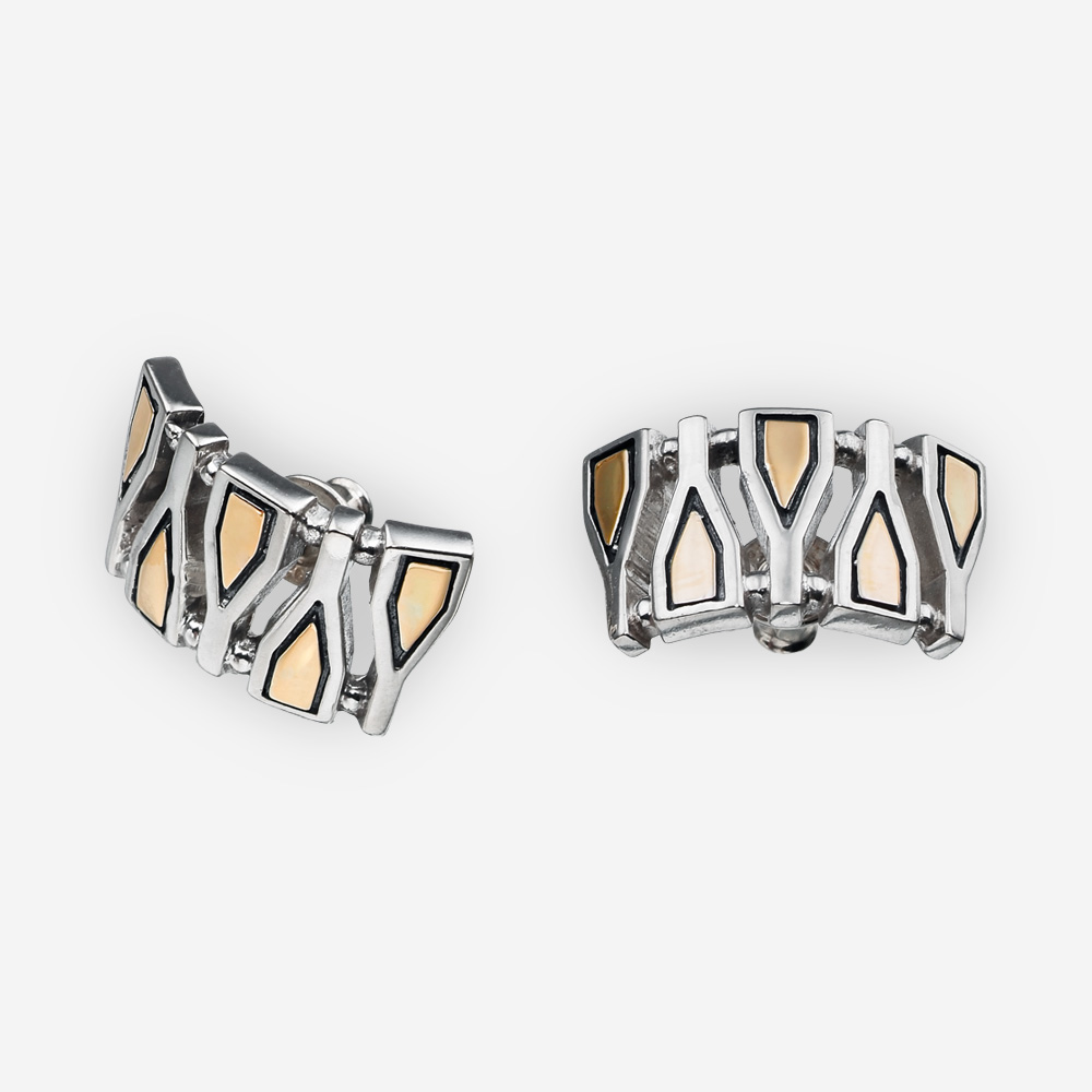 Wide silver geometric fragments posts crafted from 925 sterling silver and 14k gold accents with post backings