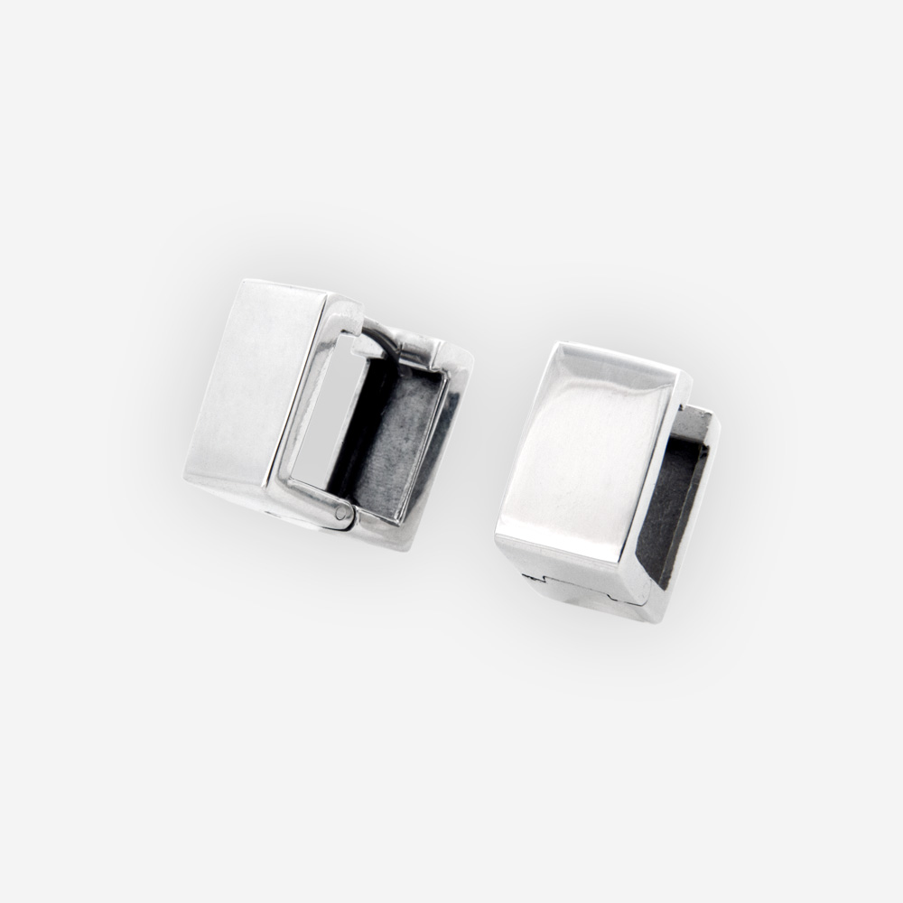 Wide square silver hoops crafted in polished 925 sterling silver with hugggie closures.