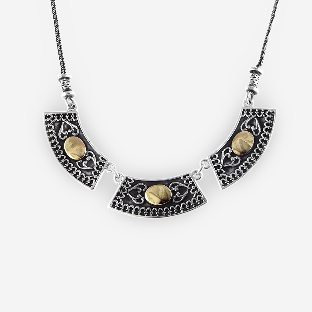 Yemenite Necklace Design Casting in Oxidized Sterling Silver with 14k Gold.