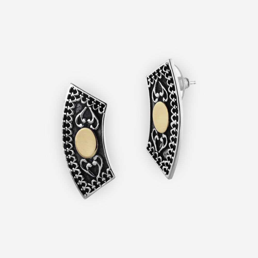 Yemenite Stud Earrings Casting in Oxidized Sterling Silver with 14k Gold.